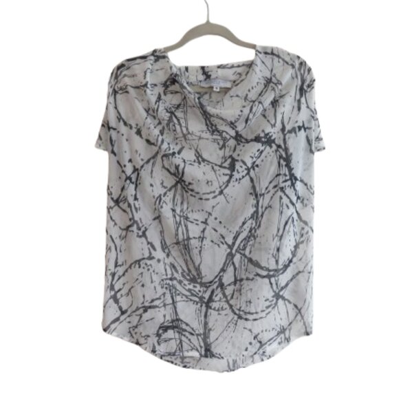 ALLISON IZU Cowl Neck Sheer Mesh Abstract Artsy Top Summer White - Size M - Picture 1 of 14
